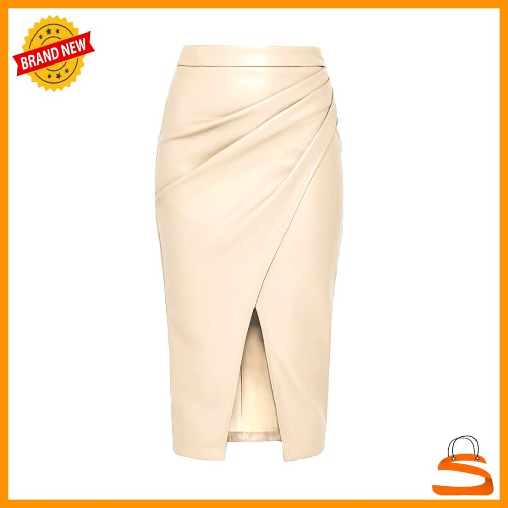 Faux Leather Midi Skirt High Waisted Wrap Ruched Bodycon Slit